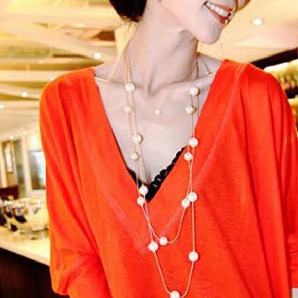 Gold Pearl Necklace – Double Strand Snake Chain - Picture 3 of 4